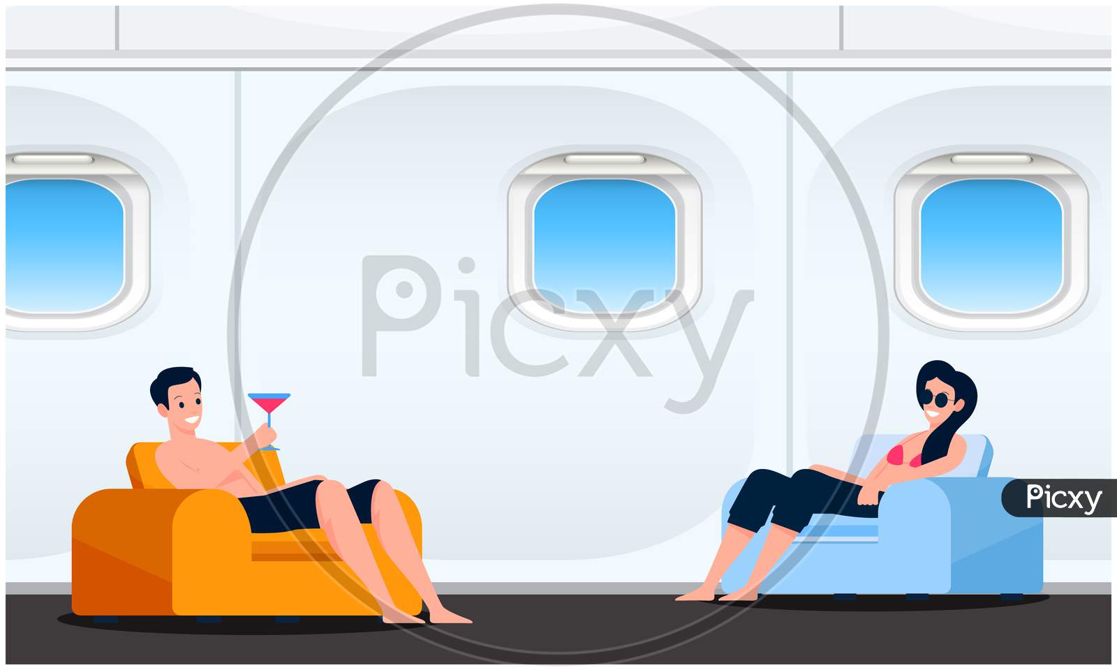 Couple Is Enjoying Drinks Sitting In The Aircraft