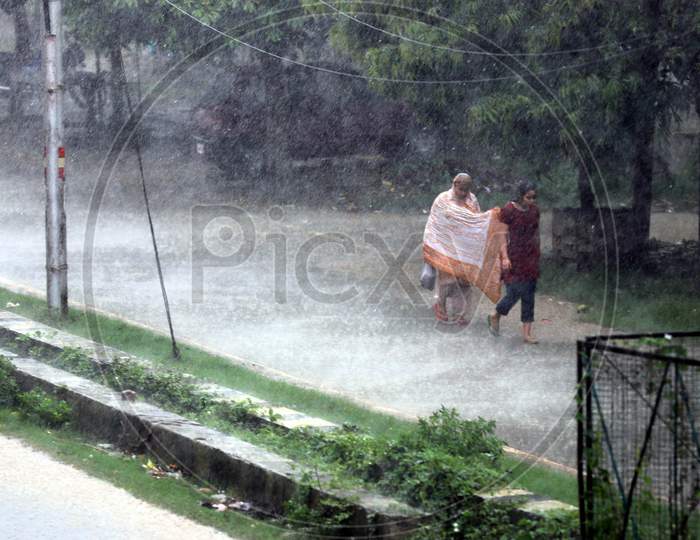 A view of heavy rainfall in Prayagraj, June 26, 2020.