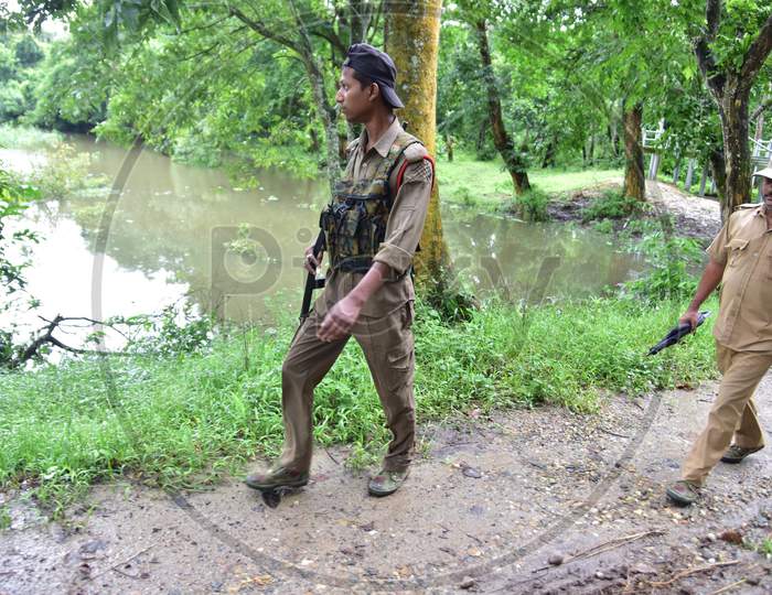 Forest Guard Patrol Inside The Bagori Range Of The Kaziranga National Park Following Floods  In Assam on June 26,2020.