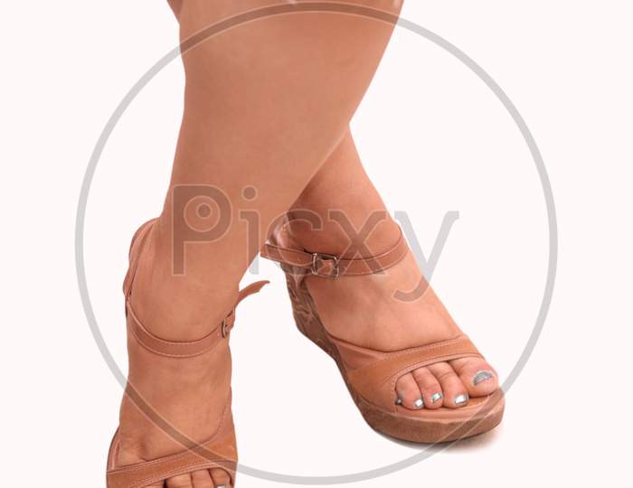 Indian Girl leg with belt Sandals With White Background