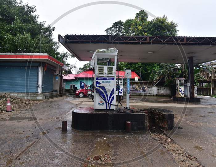 A Closed Petrol Pump In Nagaon District Of Assam On  Saturday, June 27,2020..Authority Announced The Imposition Of A Weekend Lockdown In All Urban Areas Of The State.