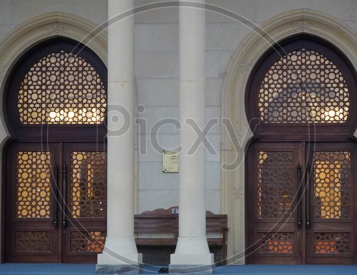 Dubai Uae December 2019 Facade Of A Mosque With Ornate Decoration. Arabic Architecture. Arabic Oriental Styled Doors Of Mosque. Humaid Al Tayer Masjid In Jumeirah. Most Beautiful Mosque Front View.