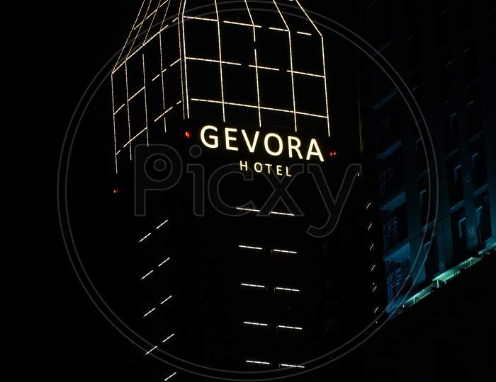 Dubai Uae - November 2019: Close Up Of Gevora Hotel At Night. It Is An Iconic Sheikh Zayed Road Skyscraper And Landmark. Gevora Hotel View.
