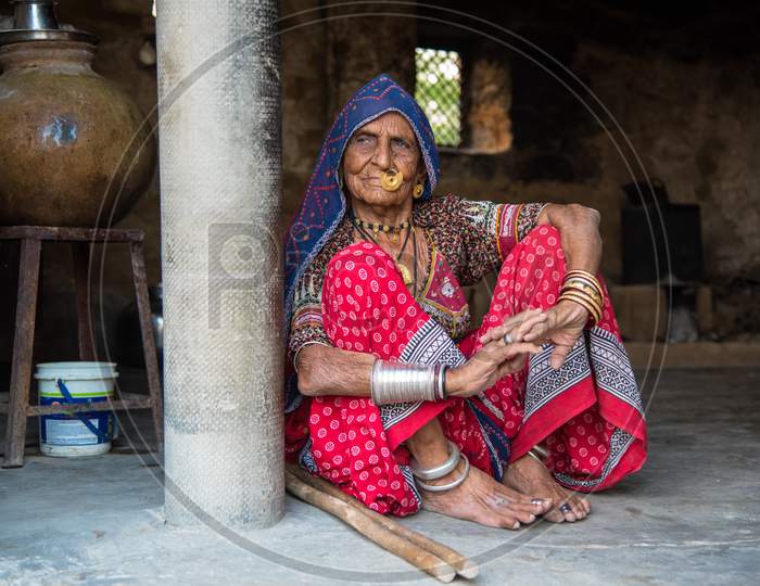 Portrait of an Indian woman traditionally dressed.