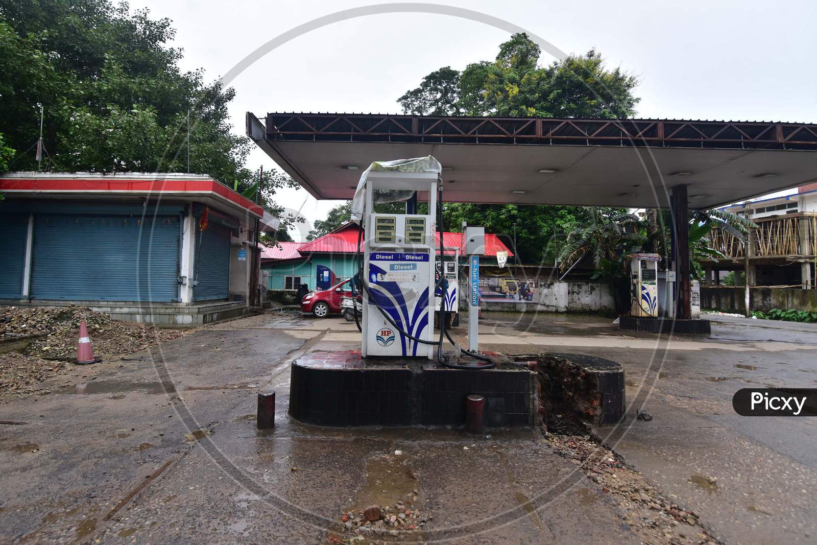 A Closed Petrol Pump In Nagaon District Of Assam On  Saturday, June 27,2020..Authority Announced The Imposition Of A Weekend Lockdown In All Urban Areas Of The State.