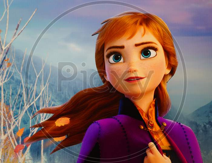Anna Character Figure Frozen Movie At Event Frozen 2 Magical Journey. Poster From Frozen 2 Magical Journey Roadshow At The Event Promotion Of New Disney Movie - Dubai Uae December 2019
