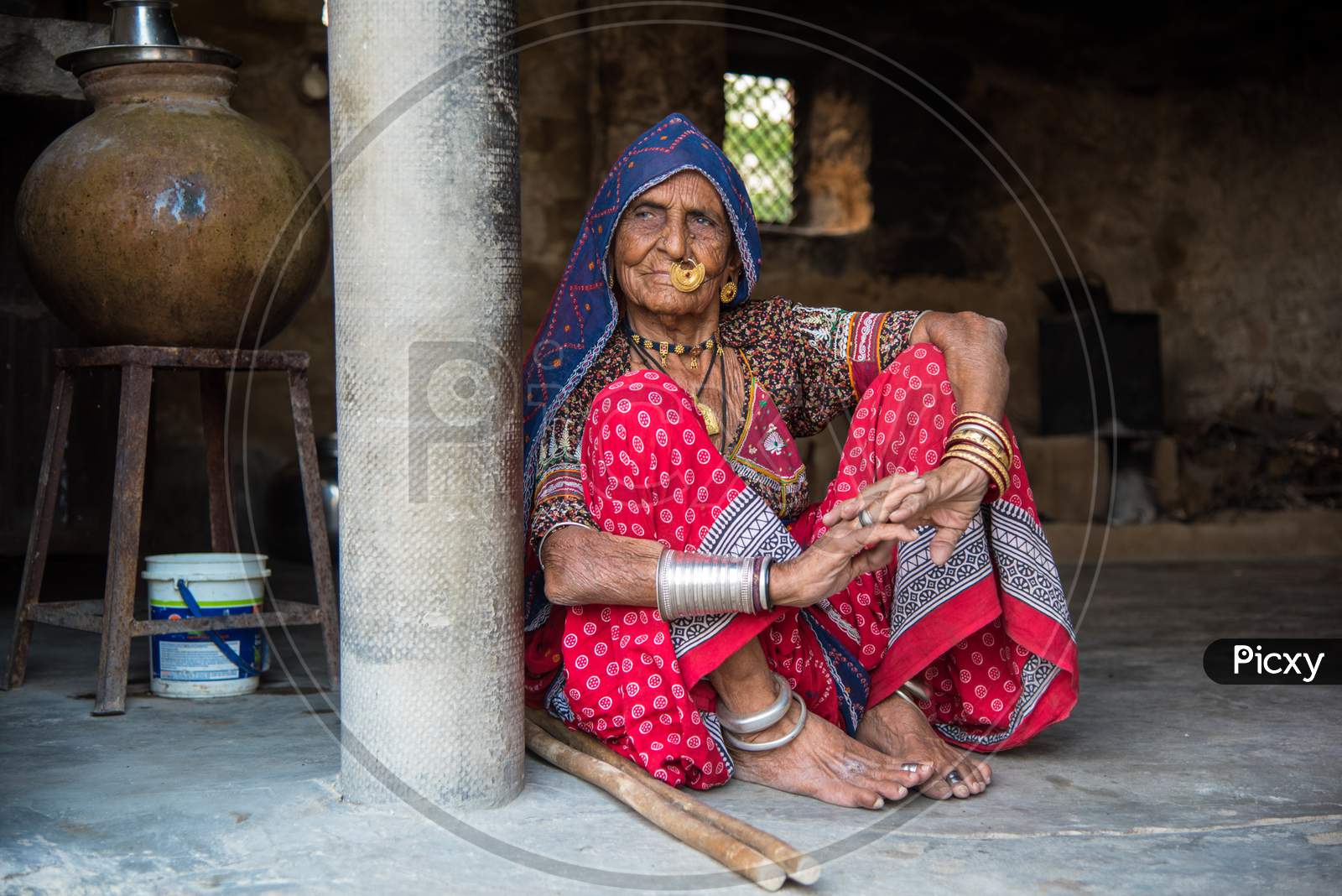 Portrait of an Indian woman traditionally dressed.