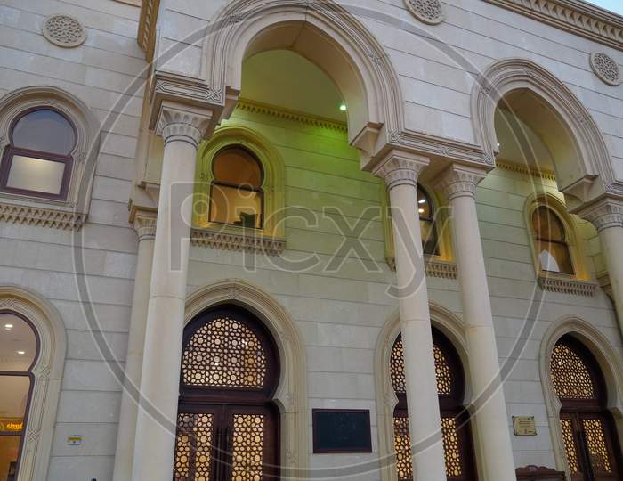Dubai Uae December 2019 Facade Of A Mosque With Ornate Decoration. Arabic Architecture. Arabic Oriental Styled Doors Of Mosque. Humaid Al Tayer Masjid In Jumeirah. Most Beautiful Mosque Front View.