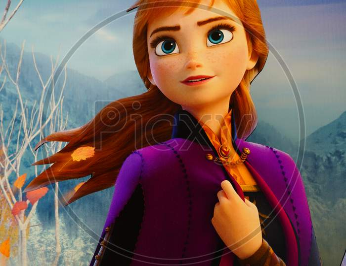 Anna Character Figure Frozen Movie At Event Frozen 2 Magical Journey. Poster From Frozen 2 Magical Journey Roadshow At The Event Promotion Of New Disney Movie - Dubai Uae December 2019