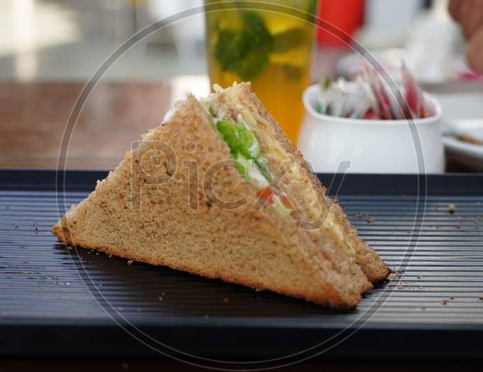 A Single Tuna Sandwich On Black Serving Plate. One Club Sandwich With Chicken, Ham, Cheese, Tomatoes, Cucumber, Bacon, Lettuce, Herbs And Toasted Bread. Front View With Blurred Background.