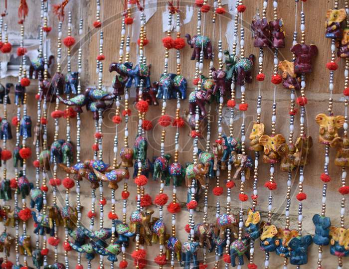 Handicrafts Of Jaisalmer,Rajasthan Hanging On The Roadside Shops