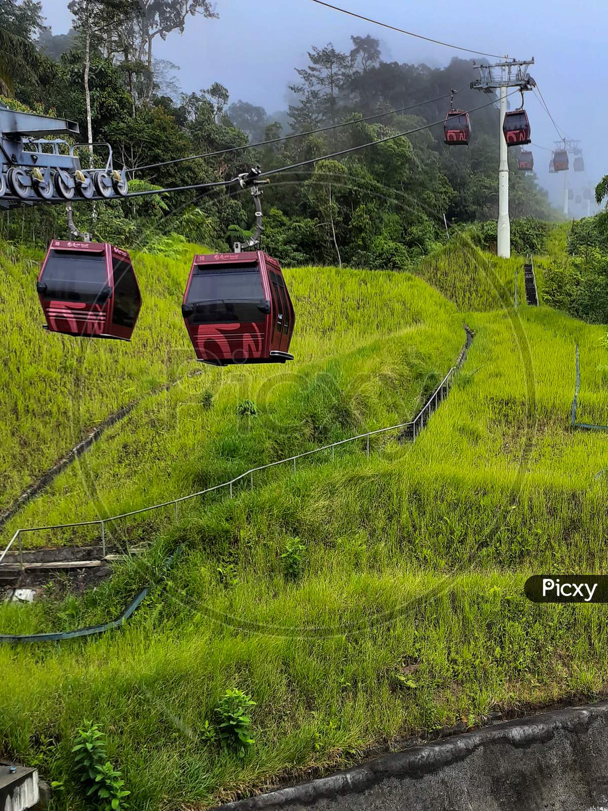 In a ropeway cable car going up from kualampur to genting highlands, Sky view and chin swee caves temple on skyway cable car, genting, malaysia, Skyway Cable Car