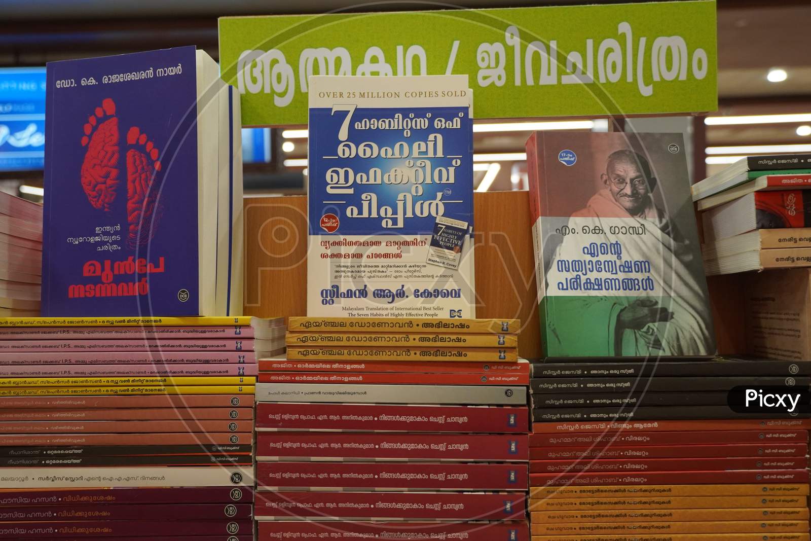 A Set Of Malayalam Novels Displayed In A Book Store. A Shelf Full Of Old And New Malayalam Books - Kochi, Kerala: 18 February 2020