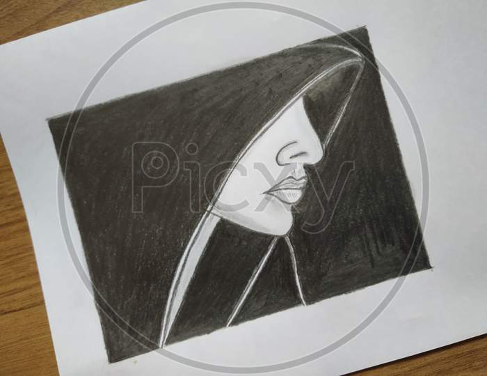 A girl under black hoodie pencil sketch