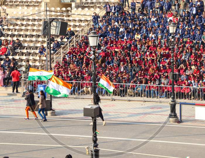Crowd Of Indian People Celebrating At India-Pakistan Wagah Border Flag Ceremony