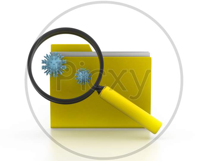 Magnifying Glass Over The Folder. Searching Virus