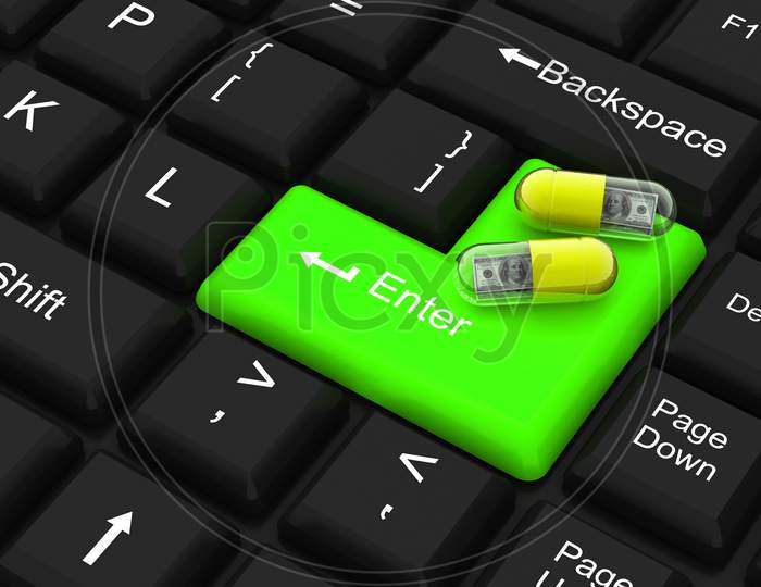 Pill Filled With Dollar On Keyboard