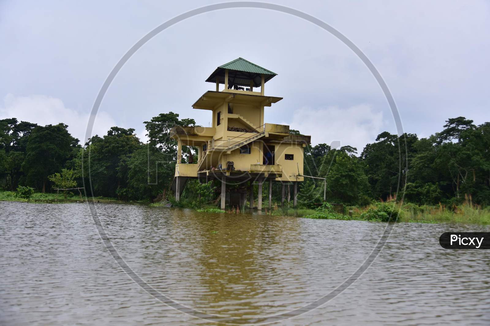 A Submerged Forest Camp In Flooded Kaziranga National Park In Nagaon District In The Northeastern State Of Assam on June 28,2020.