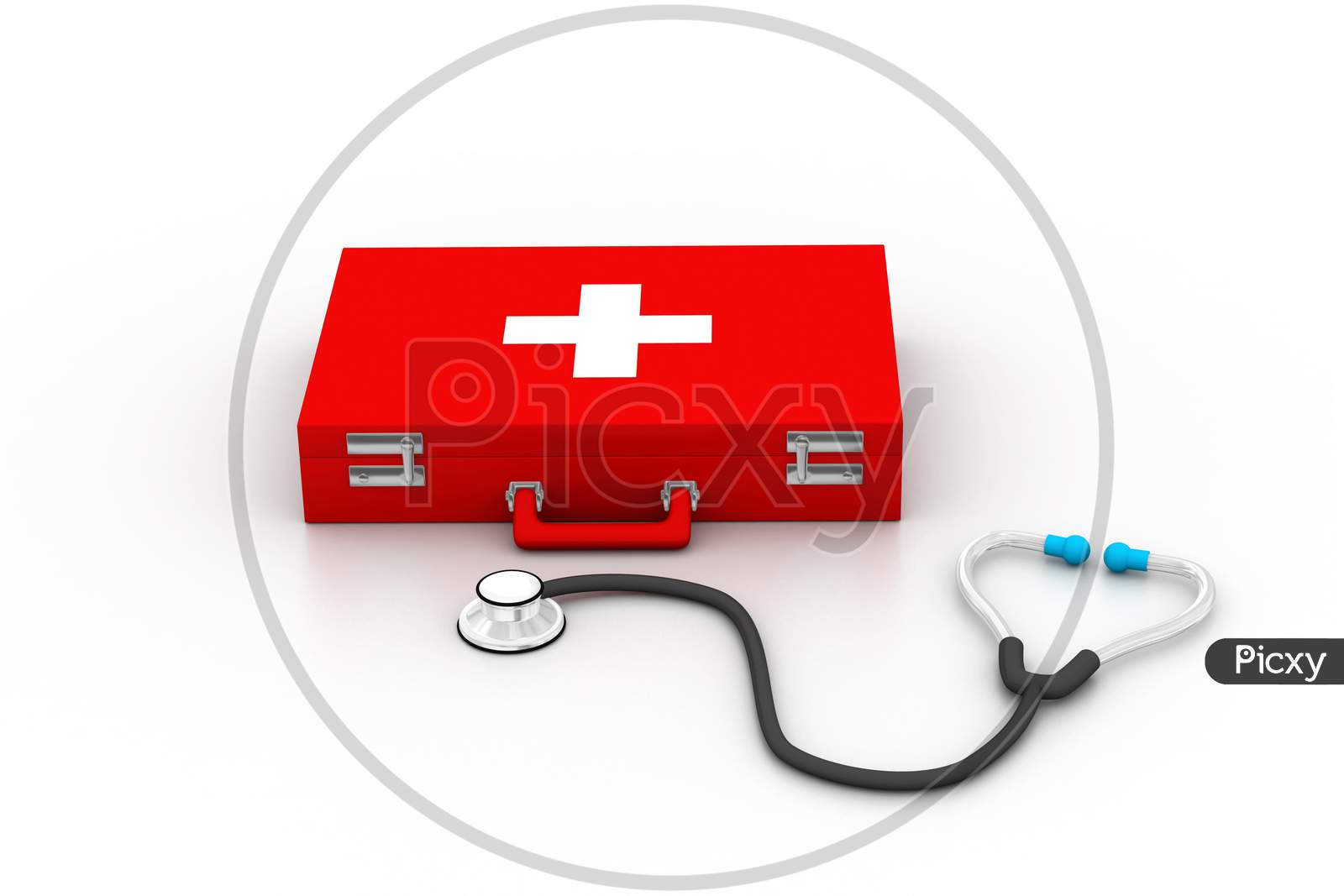 First Aid Kit With Stethoscope In White Background