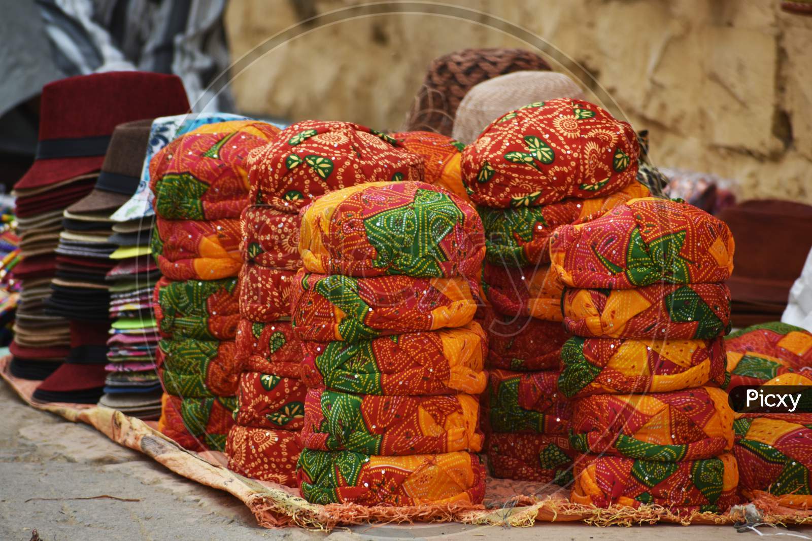 Colourful Turban Selling On Roadside Of Jaisalmer City Of Rajasthan