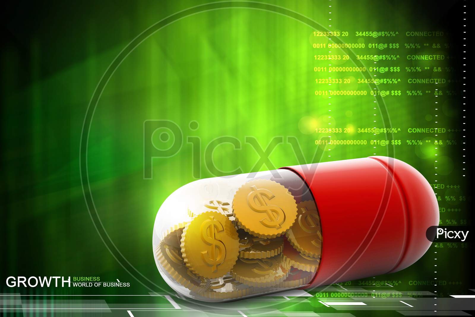 3D Illustration Of Red Pill Filled With Dollar Coin
