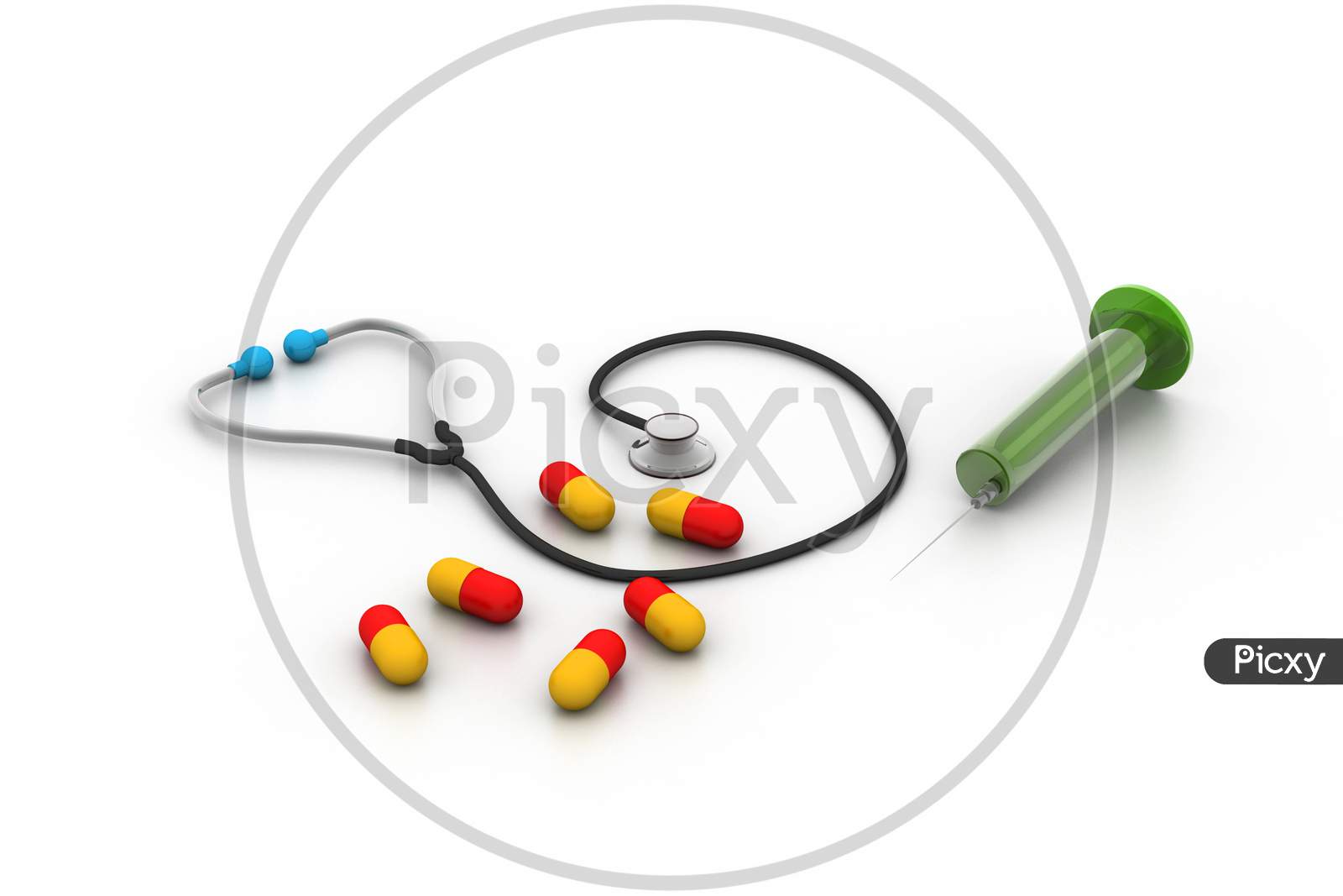 3D Rendering Stethoscope, Syringe And Pills