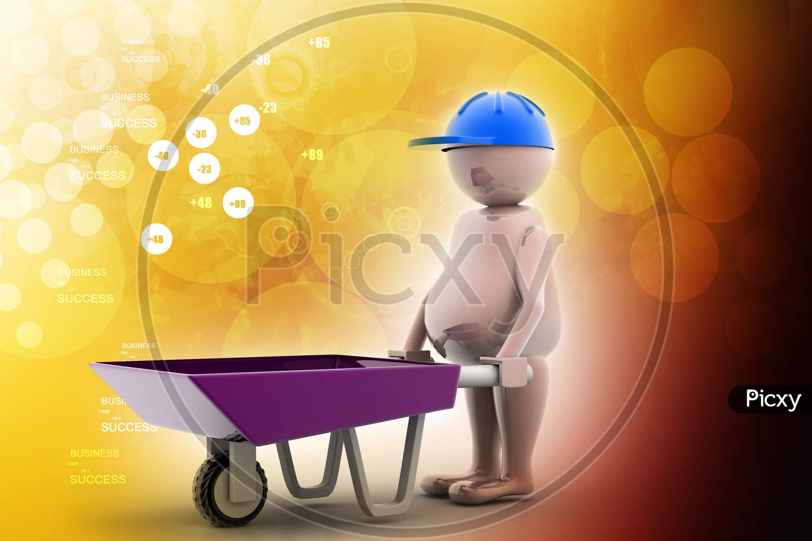 3D Multi Use Construction Worker With A Wheelbarrow In White Background