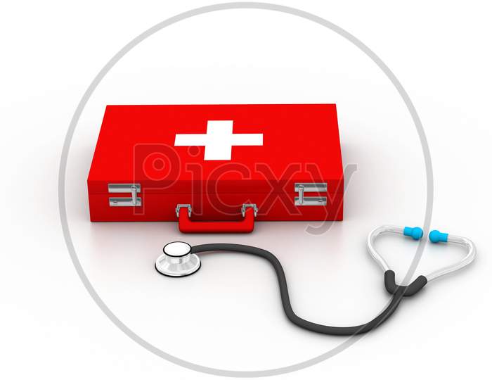 First Aid Kit With Stethoscope In White Background