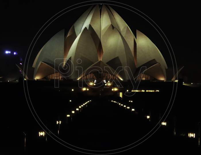 Night Photography Of Illuminated Lotus Temple In New Delhi - North India