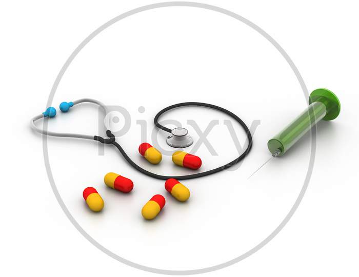 3D Rendering Stethoscope, Syringe And Pills