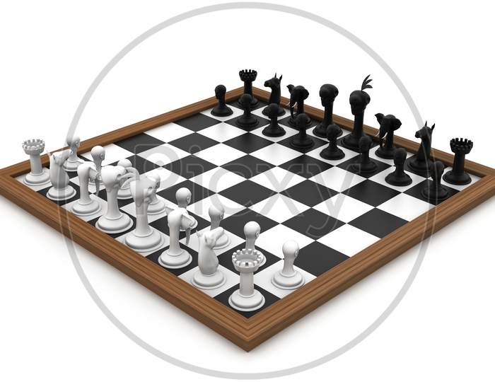 Chess Board With Figures In White Background