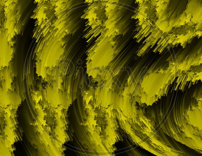 3D Illustration Of Wavy And Haphazard Mixing Of Yellow Shades On Black Canvas. Concept Of Home Decor And Interior Designing