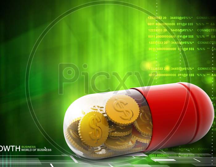 3D Illustration Of Red Pill Filled With Dollar Coin