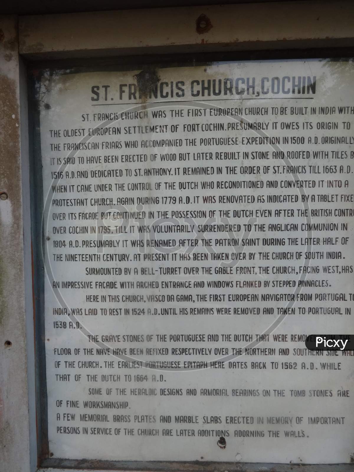 information board of St Francis Church, Fort Kochi, Kerala