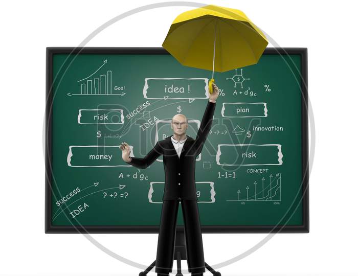 3D Man With Business Strategy Board