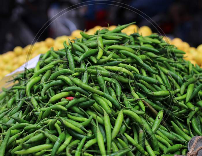 Lot Of Green Chilli In A Market