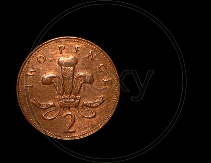 British Coin 2 Pence (2001) Isolated On Black Background With Space For Copy Text. Front Side Of Two Pence Coin. England Coins Collectors World Wide.