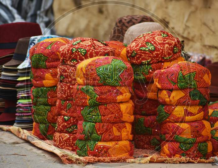 Colourful Turban Selling On Roadside Of Jaisalmer City Of Rajasthan