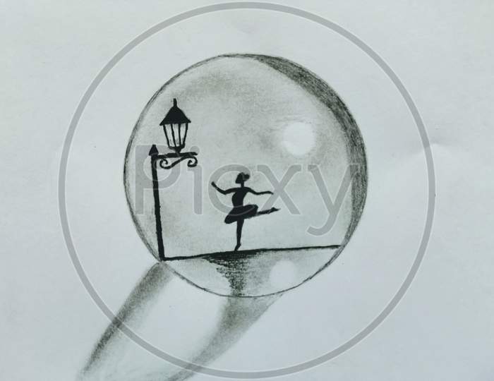 Dancing girl in circle pencil sketch