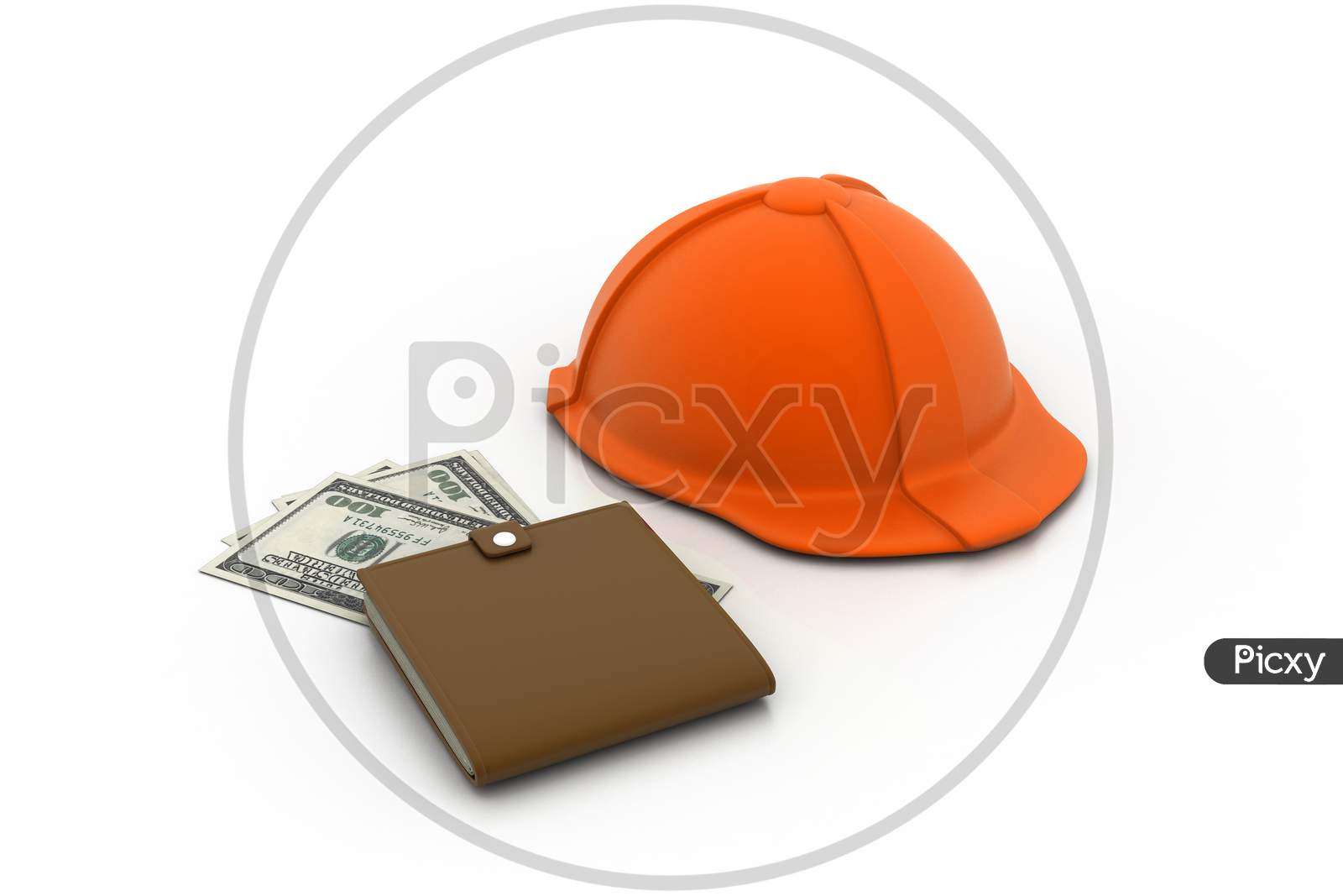 An engineer helmet with Wallet and Dollar Currency Notes