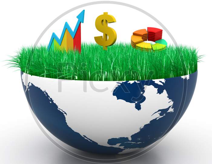 A Half Globe with Grass on Top and Growth Bars, Pie Charts and Dollar Currency Symbol