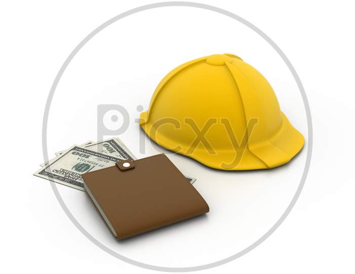 An engineer helmet with Wallet and Dollar Currency Notes