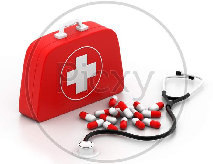 First Aid Kit On White Background.