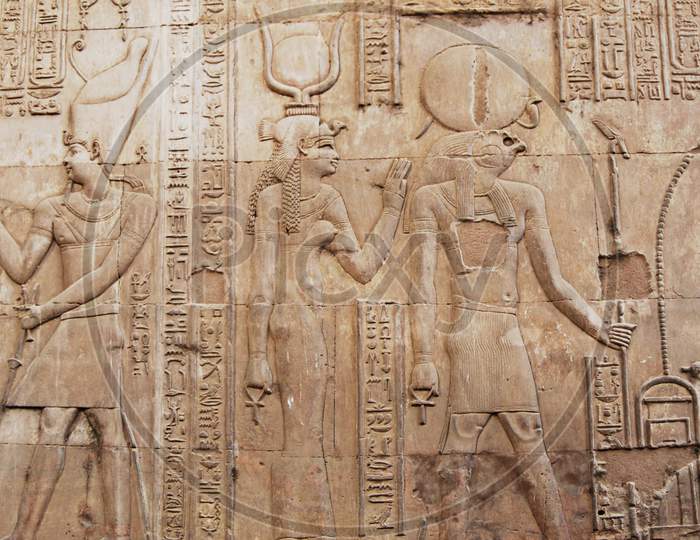 Ancient hieroglyphic at the Temple of Kom Ombo.