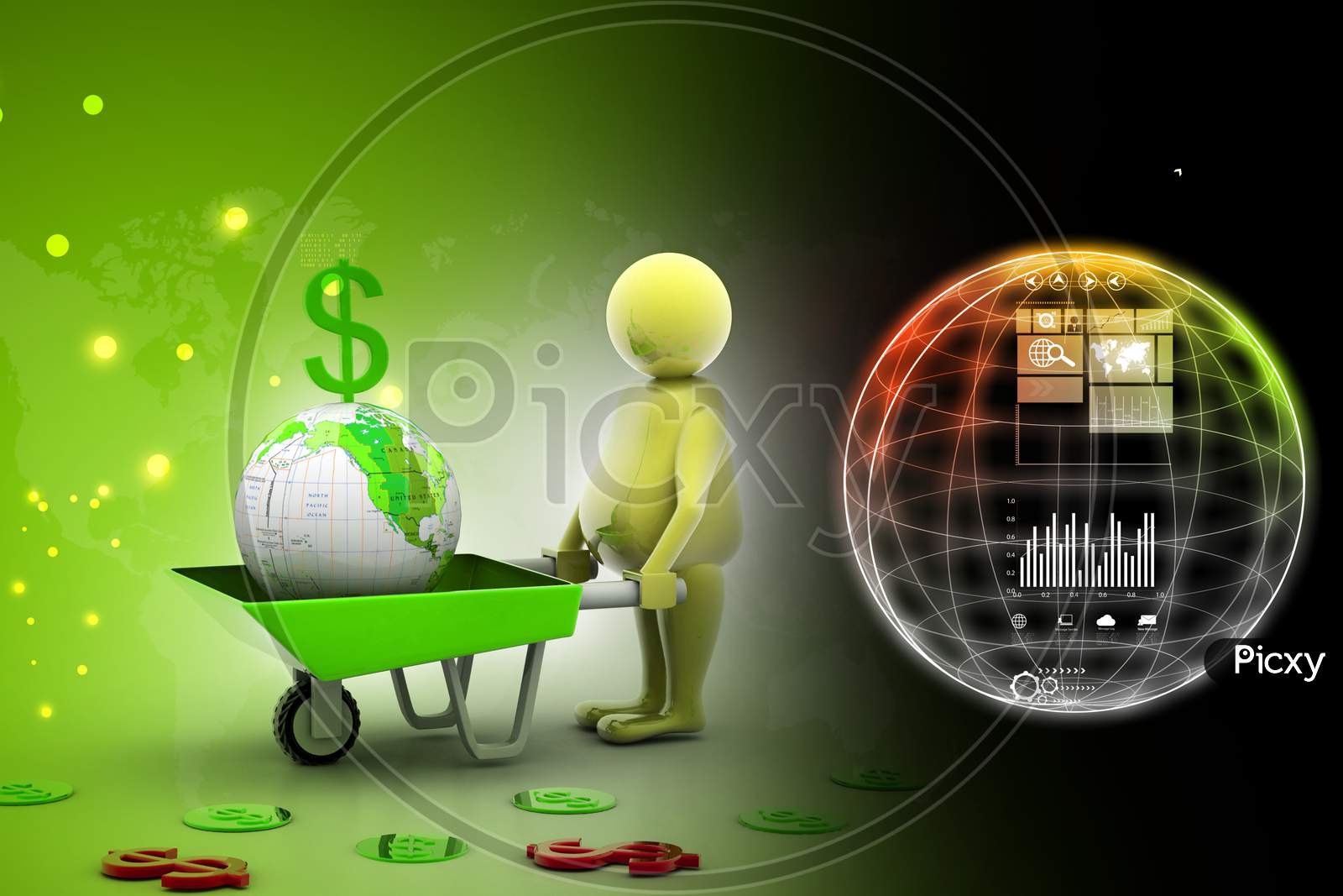 3D Multi Use Gold Coin In And Earth Wheelbarrow. Business Growth And Profit