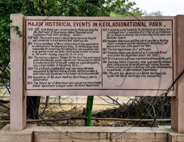 Board Noting Major Historical Events At Keoladeo National Park In Rajasthan, India