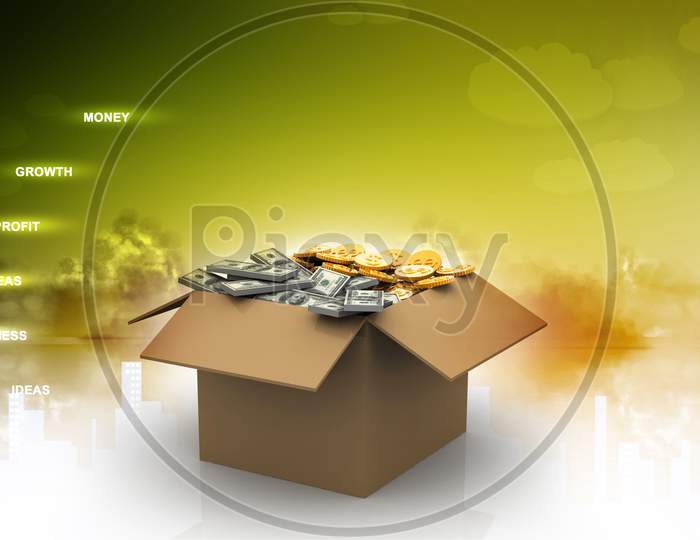 A Box with Dollar Currency Coins and Dollar Currency Notes