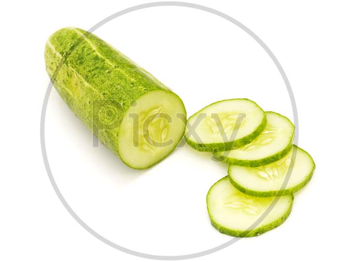 ripe cucumber with sliced on white background.