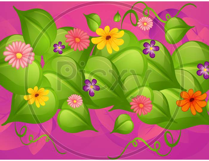 Digital Textile Design Of Leaves And Flowers On Abstract Background