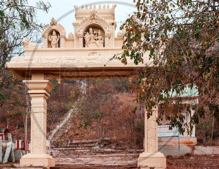 Entrance Arch Of A Popular Ancient Hindu Dibbagireshwara Swami Temple In Karanataka Near Bangalore.